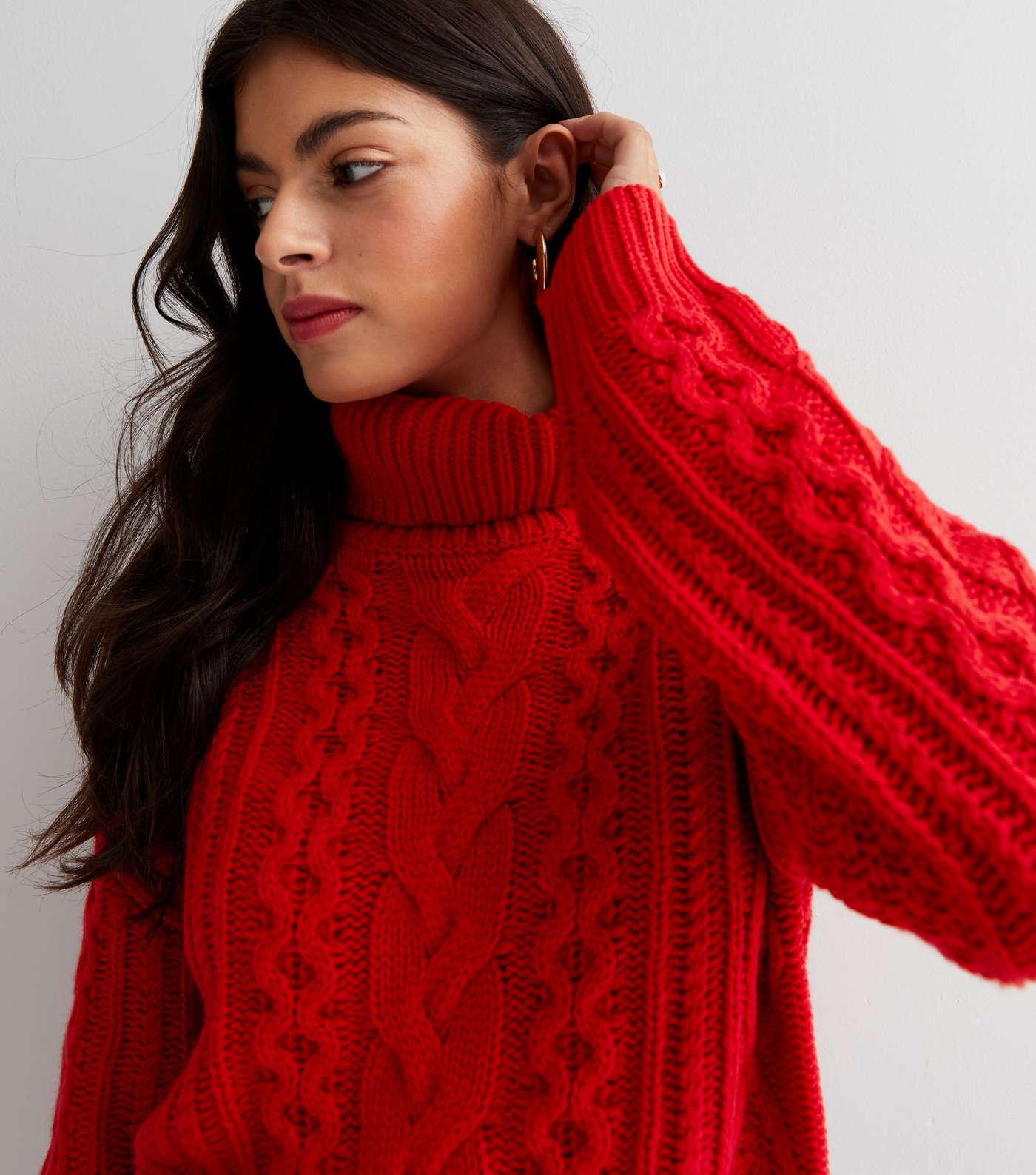 Red Cable Knit Roll Neck Jumper Image 3