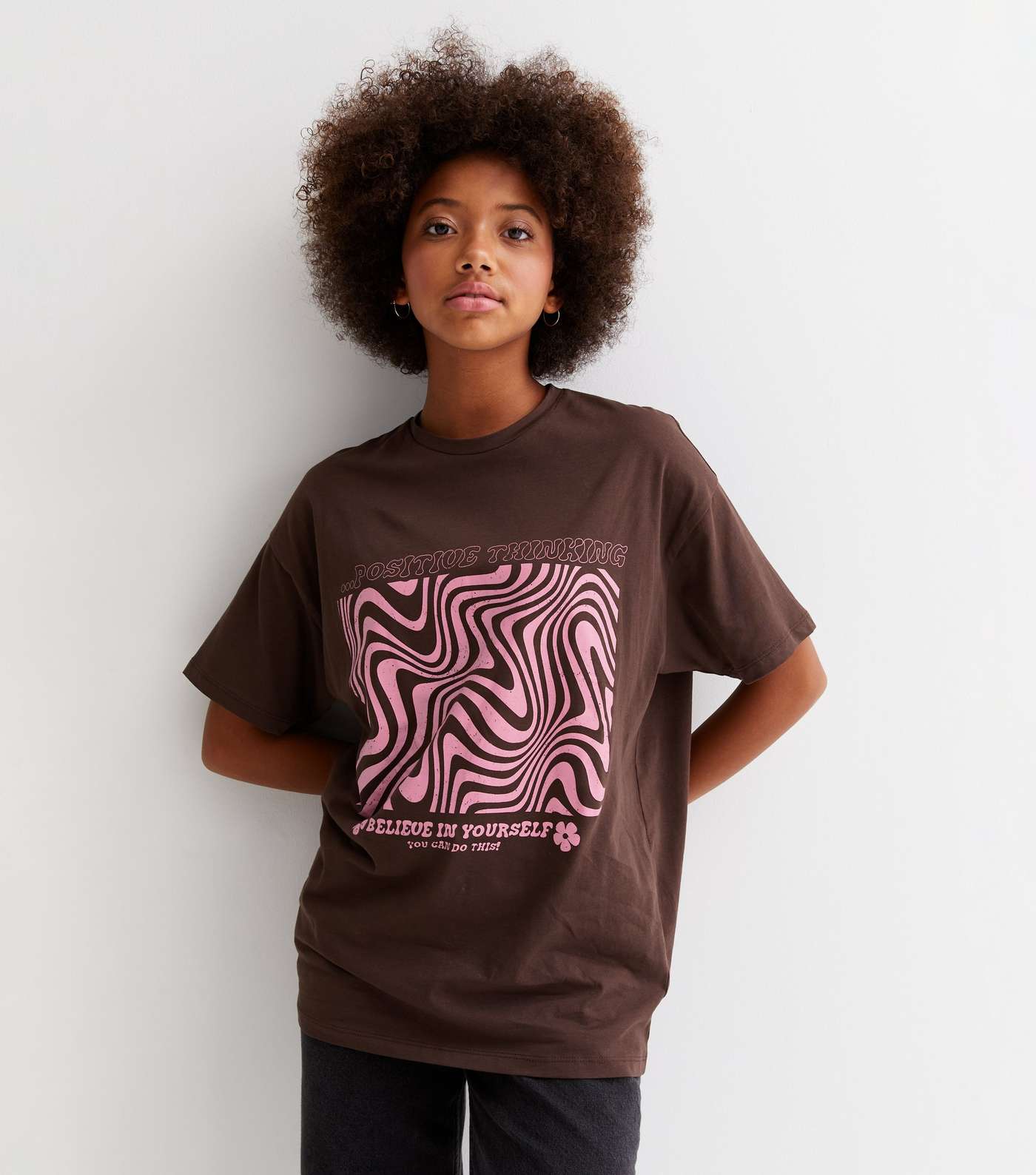 Girls Brown Marble Swirl Positive Logo Oversized Long T-Shirt Image 2