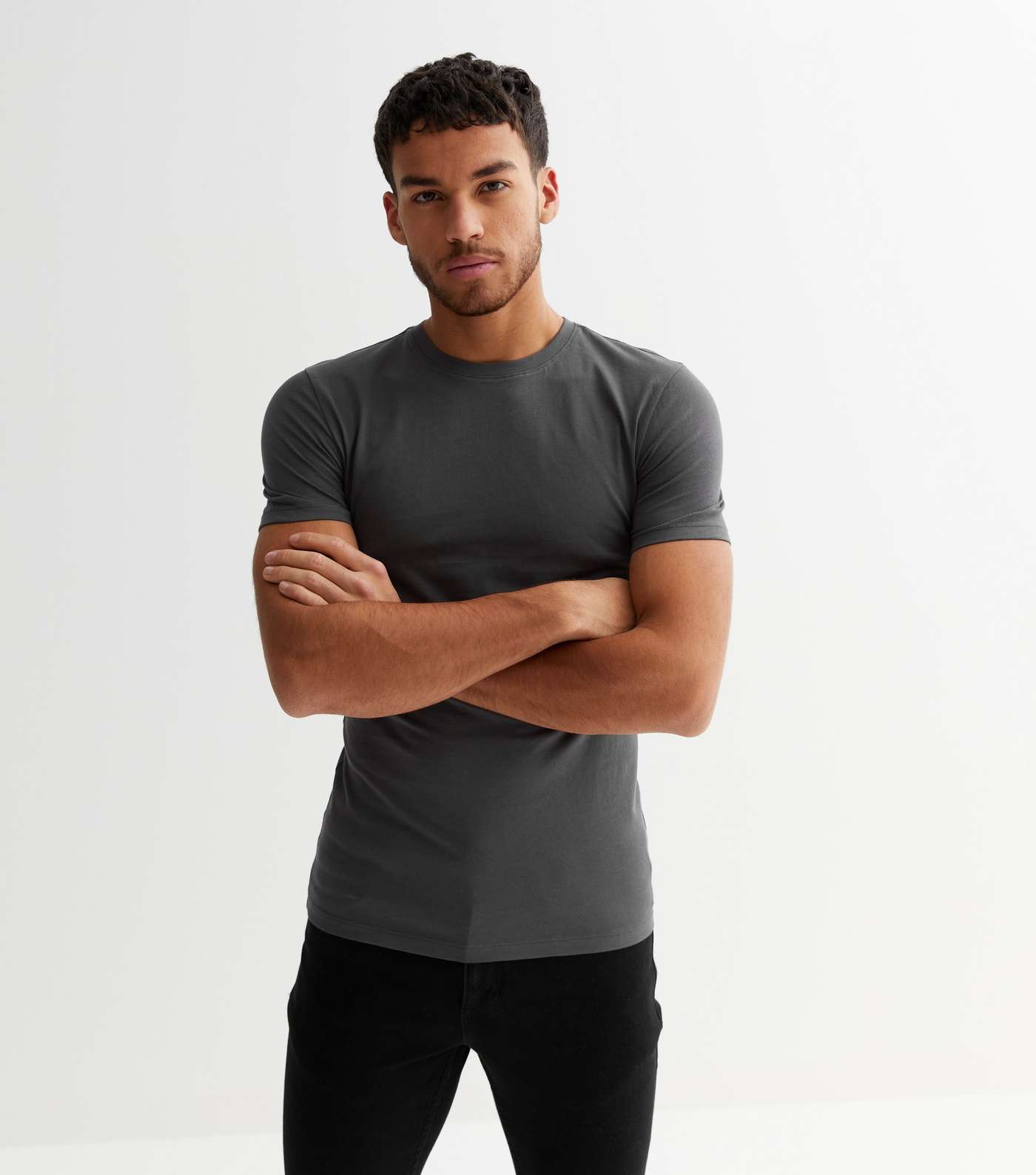 Dark Grey Crew Neck Muscle Fit T-Shirt Image 2