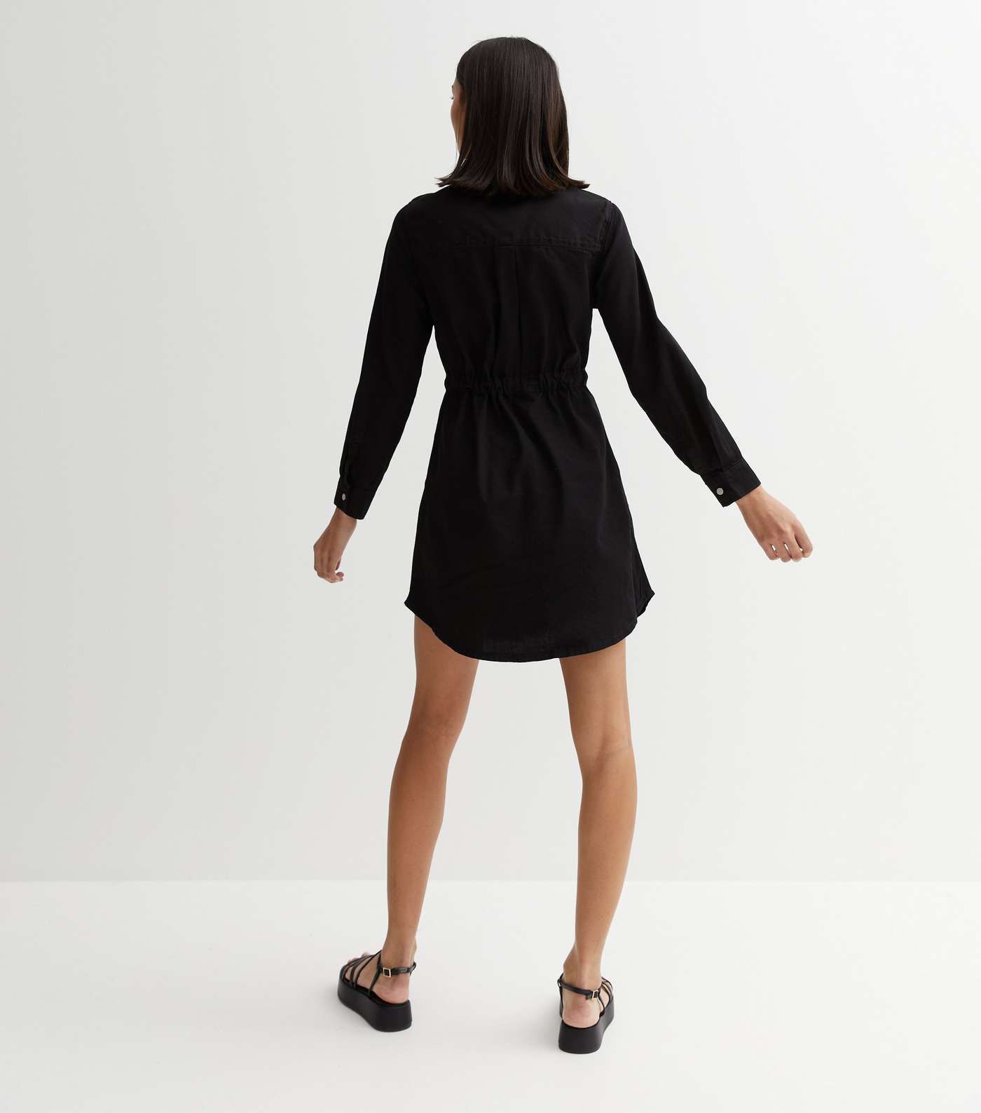 Black Denim Drawstring Mini Shirt Dress Image 4