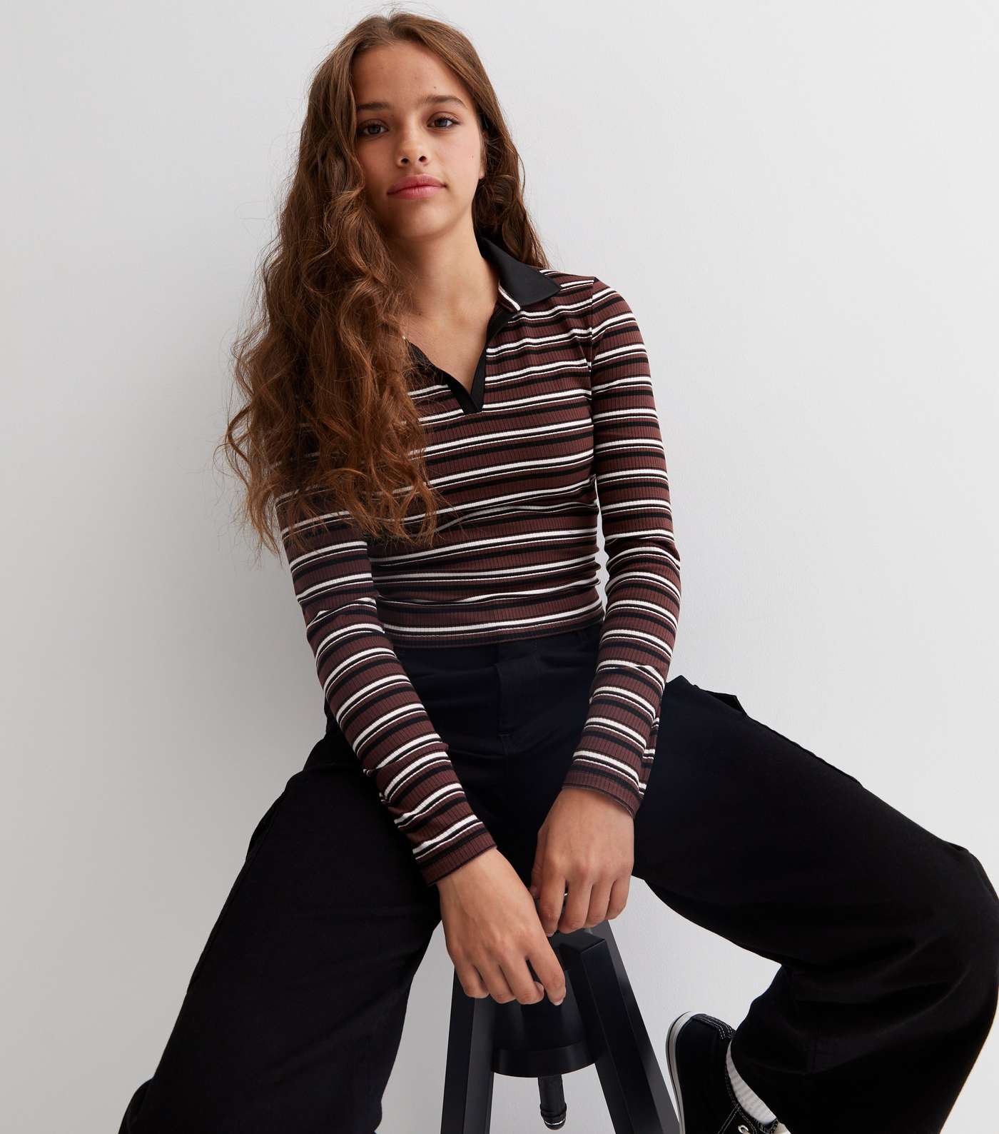 Girls Brown Stripe Ribbed Long Sleeve Polo Shirt