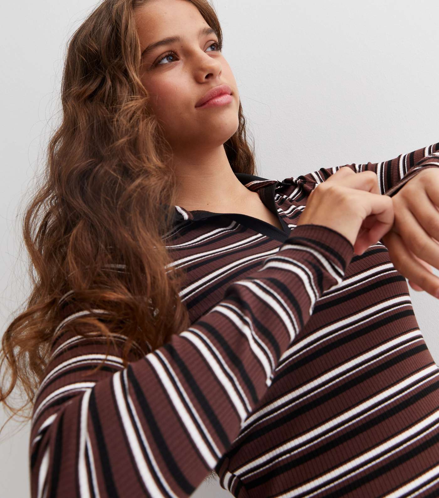 Girls Brown Stripe Ribbed Long Sleeve Polo Shirt Image 3