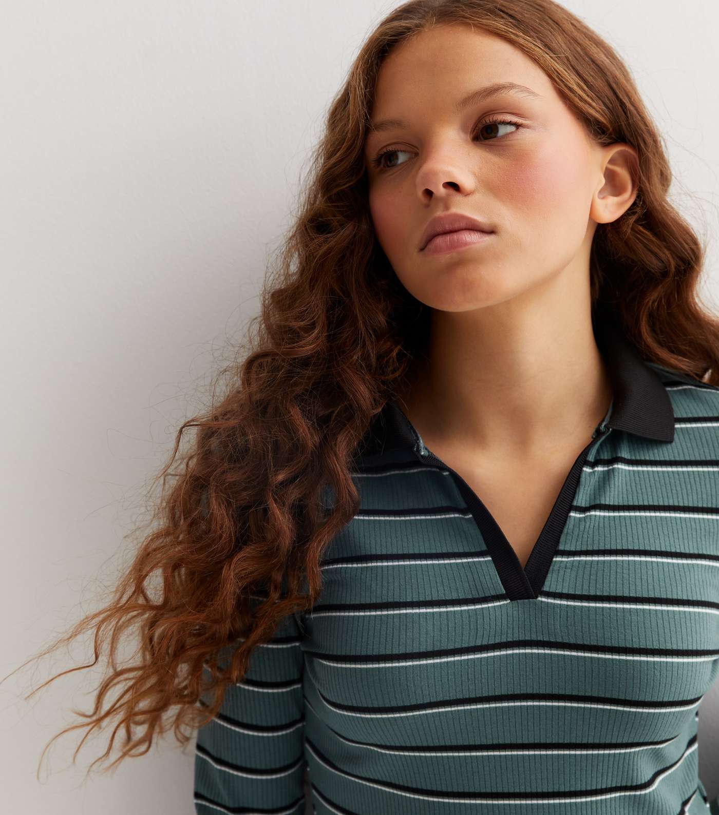 Girls Green Stripe Ribbed Long Sleeve Polo Shirt Image 3