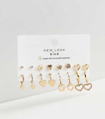 8 Pack Gold Heart Stud and Hoop Charm Earrings