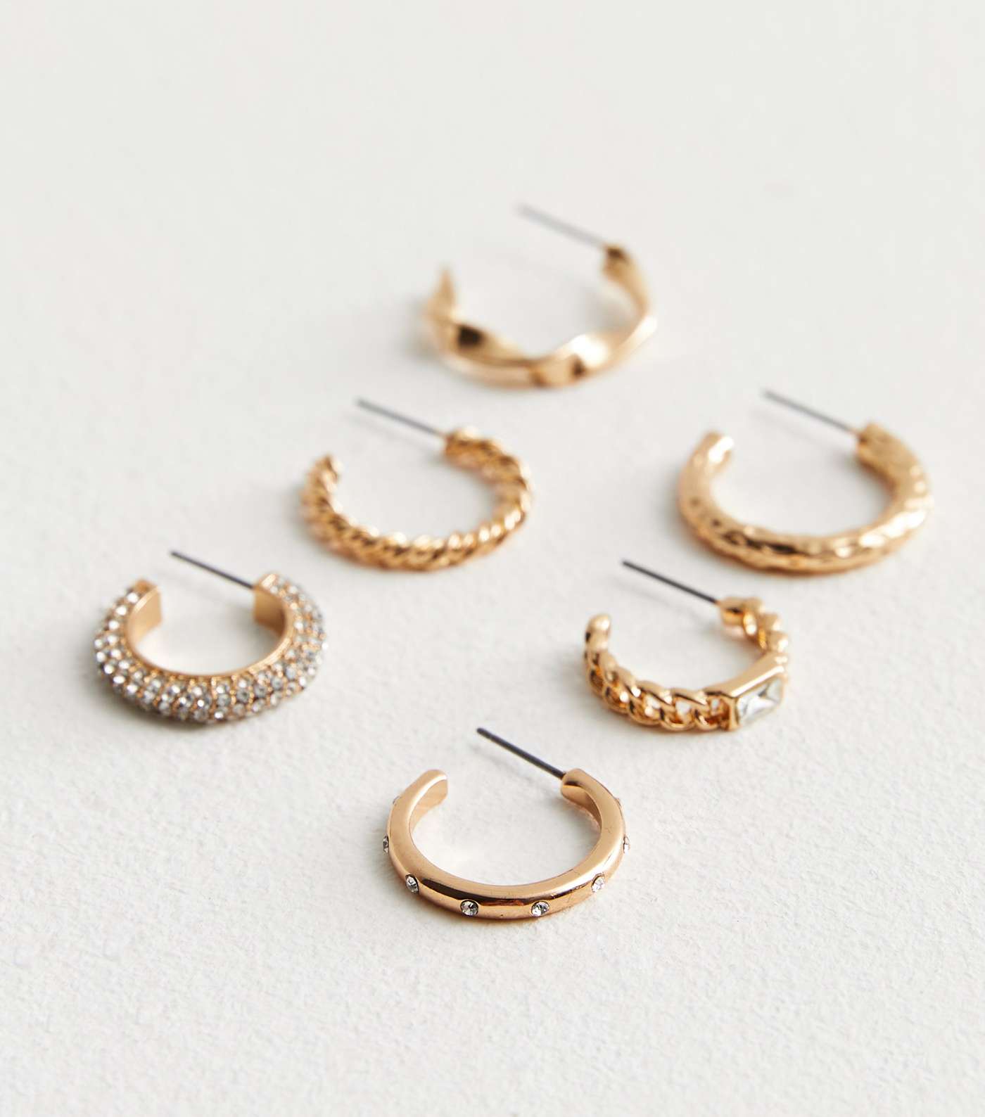 6 Pack Gold Twist and Diamanté Huggie Hoop Earrings Image 2