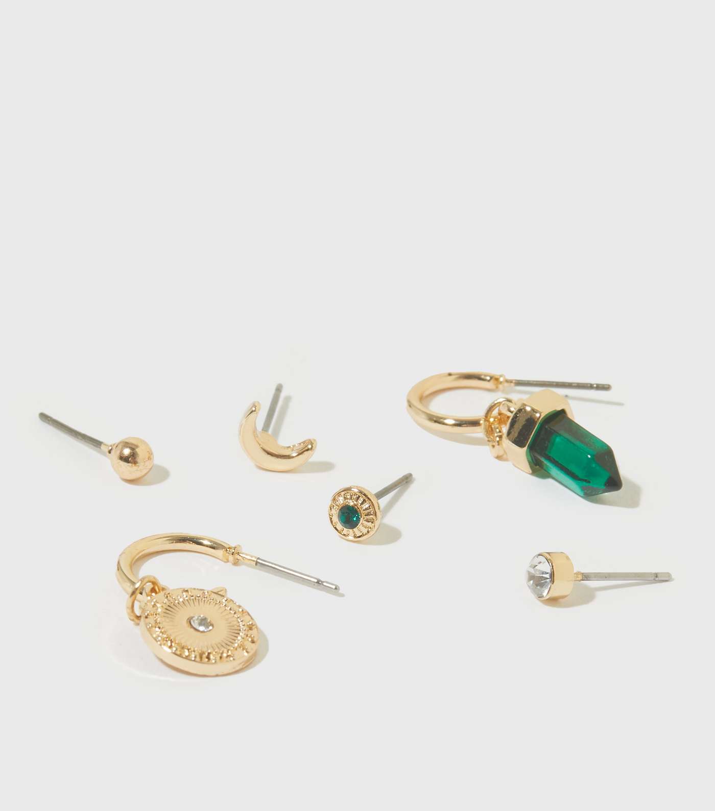 6 Pack Gold Mixed Stud and Green Charm Hoop Earrings Image 2