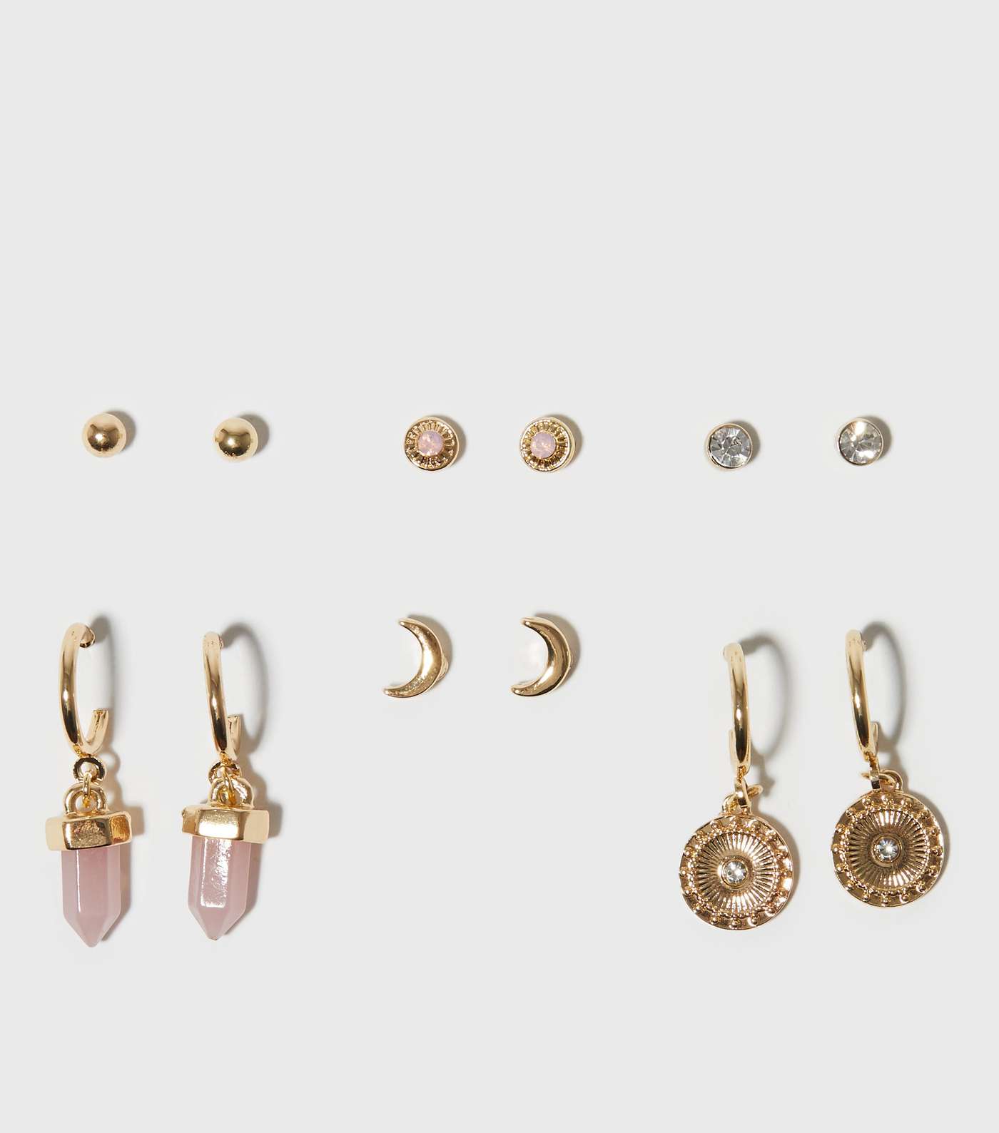 6 Pack Gold Mixed Stud and Pink Charm Hoop Earrings