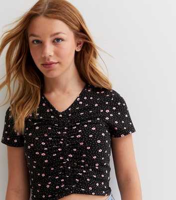 Girls Black Ditsy Floral Ruched Front T-Shirt
