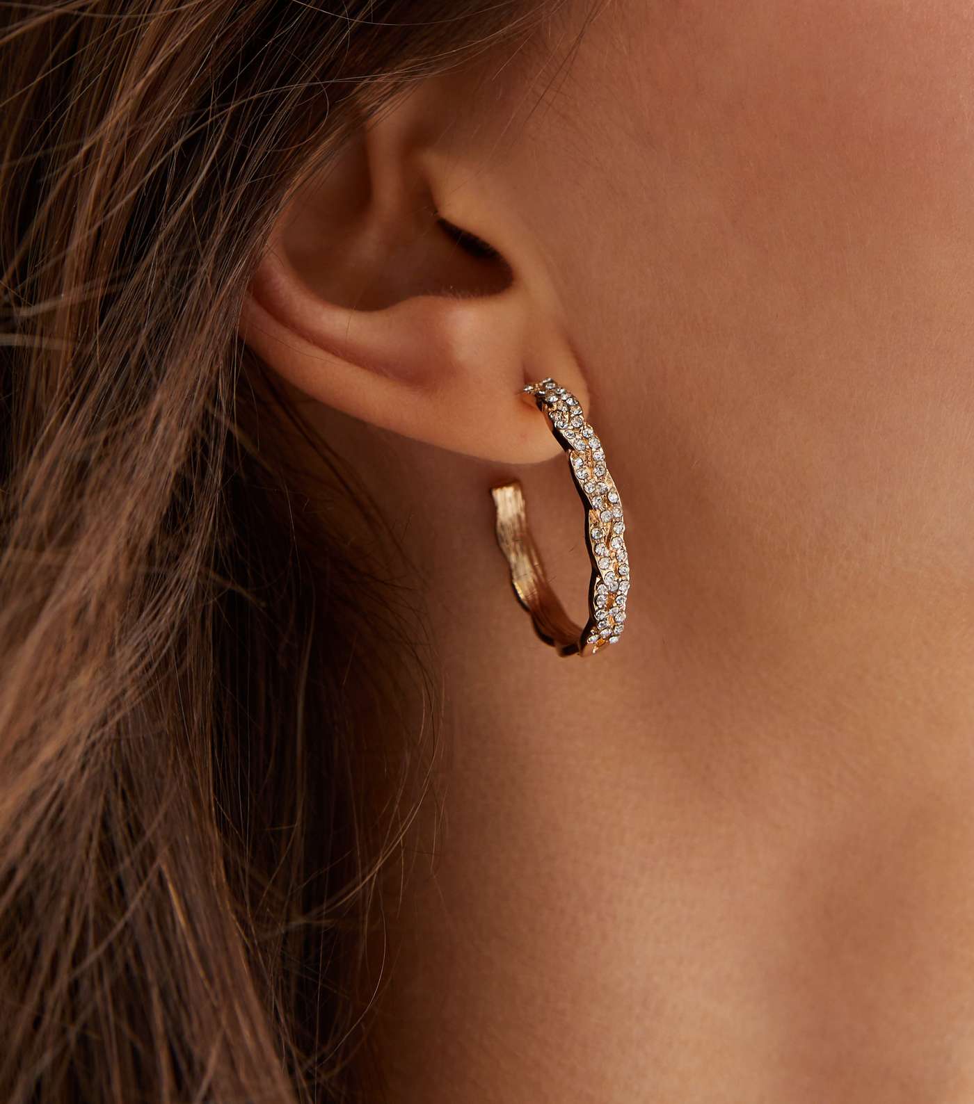 Gold Diamanté Plaited Midi Hoop Earrings Image 2
