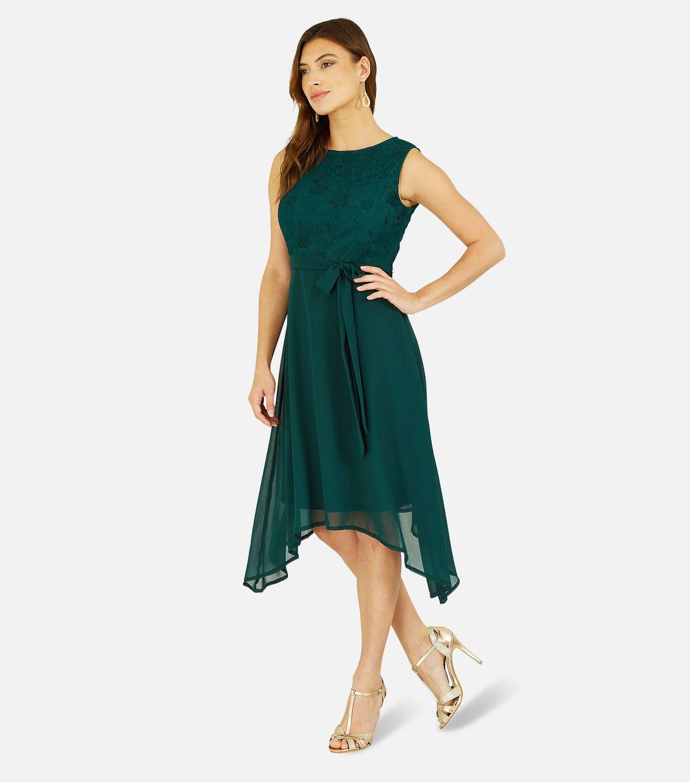 Mela Dark Green Lace Sleeveless Dip Hem Midi Dress Image 4