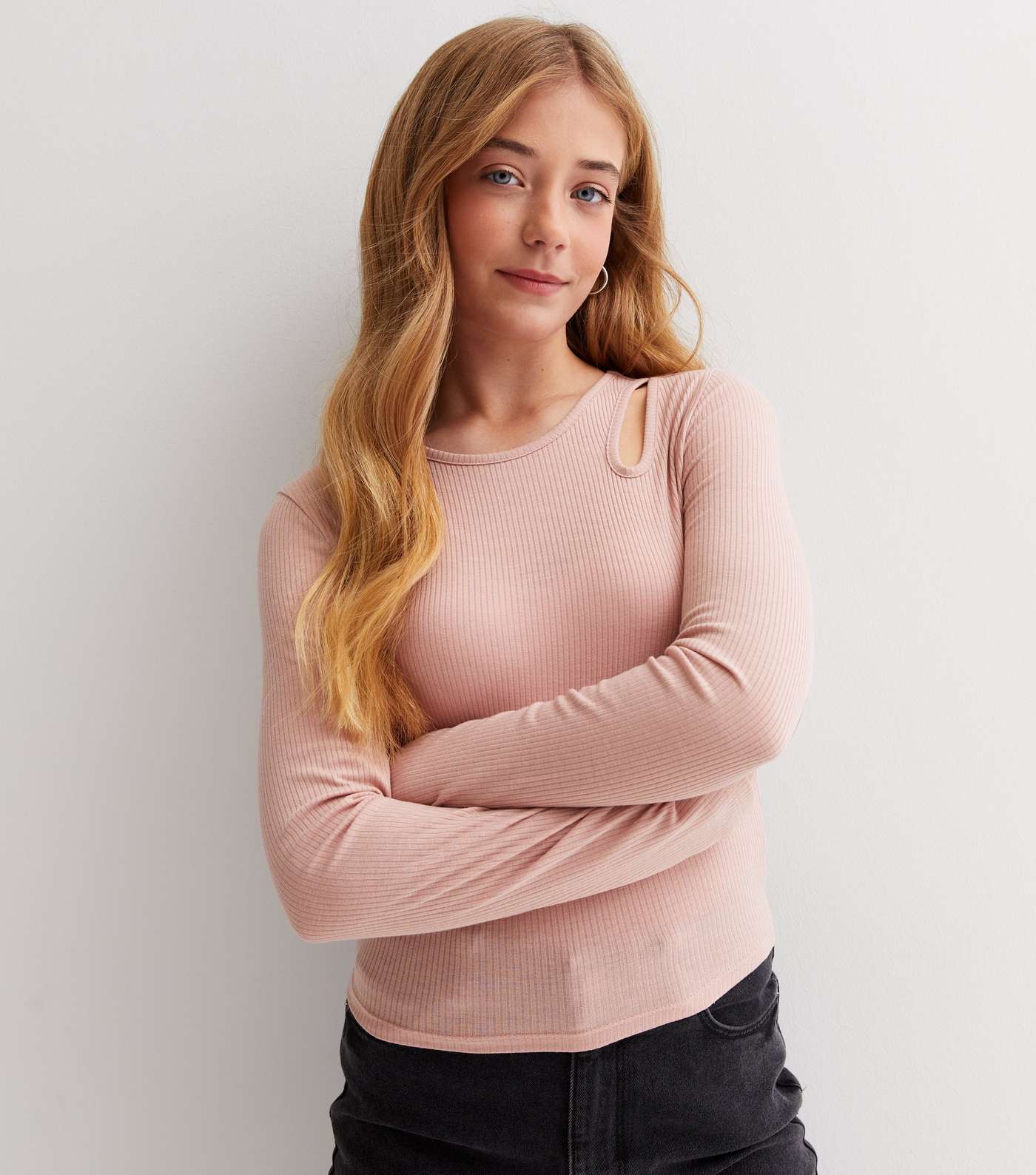 Girls Mid Pink Ribbed Jersey Long Sleeve Cut Out Top
