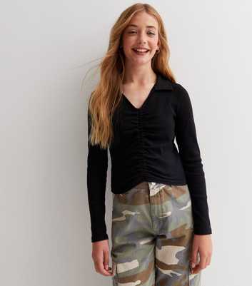 Girls Black Ribbed Jersey Collared Ruched Top