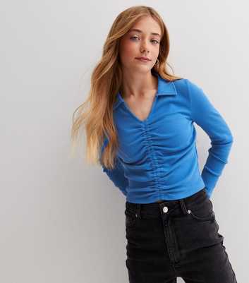 Girls Turquoise Ribbed Jersey Collared Ruched Top