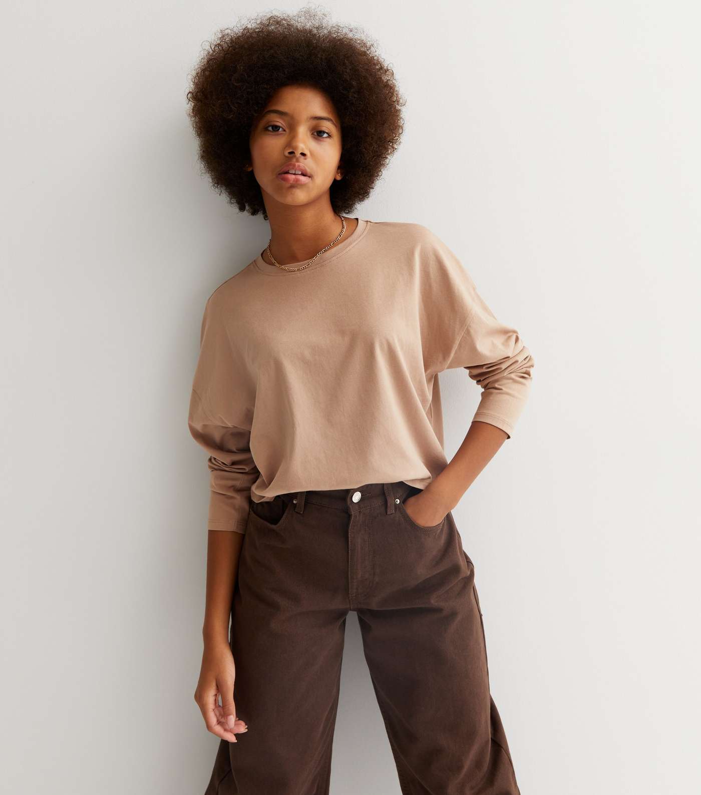 Girls Light Brown Long Sleeve Boxy T-Shirt