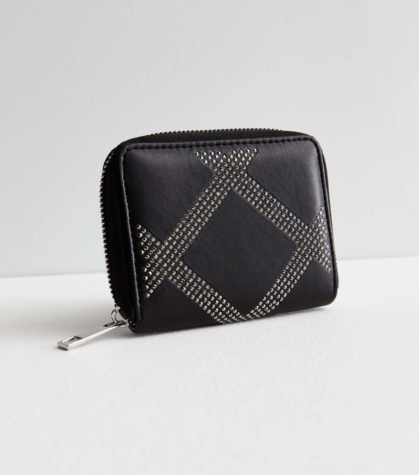 Black Leather-Look Diamanté Line Purse