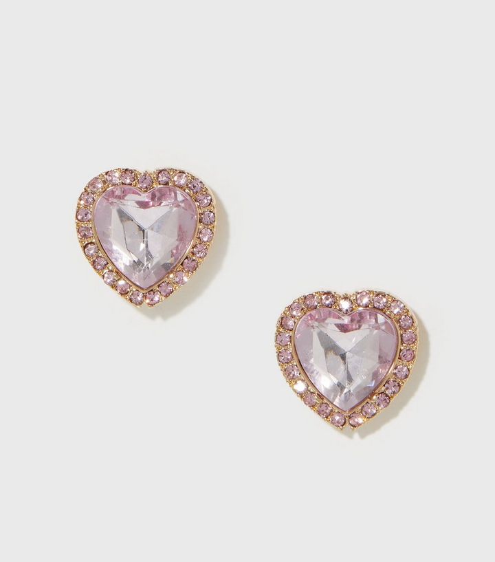 Pink Diamante Heart Large Stud Earrings New Look