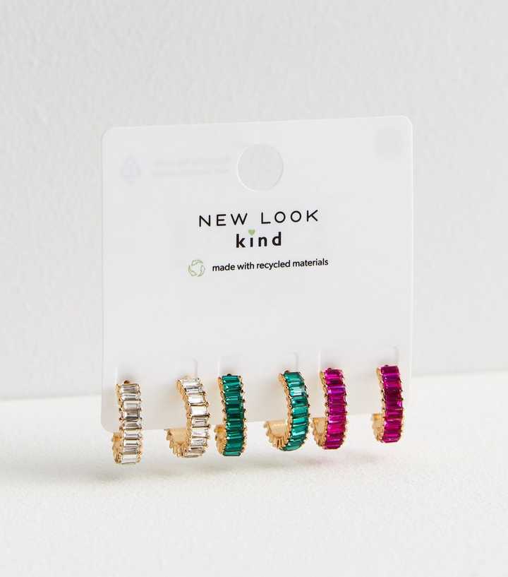 3 Pack Multicoloured Baguette Gem Hoop Earrings