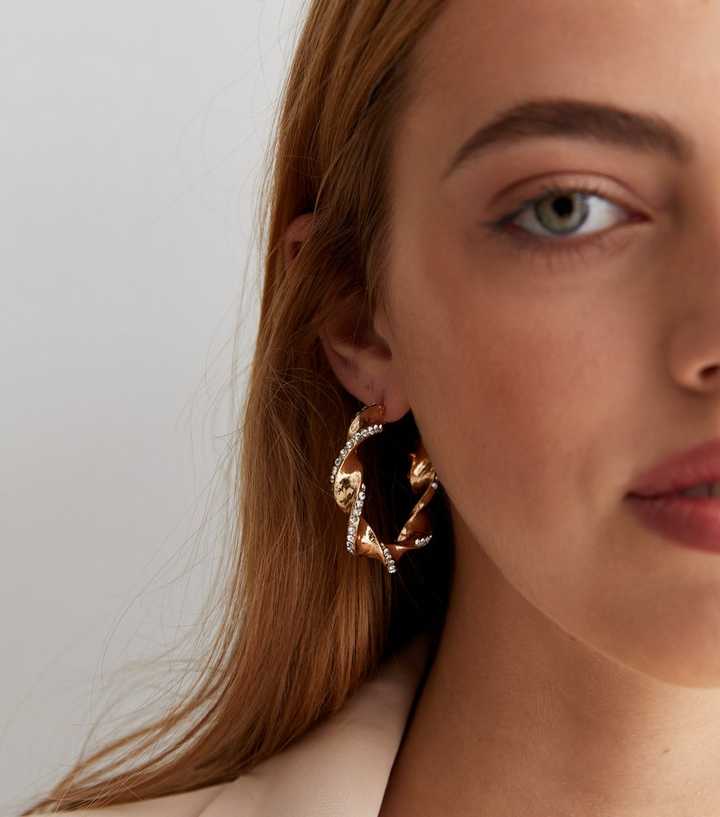 Gold Diamanté Twist Hoop Earrings