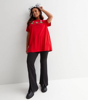 Curves Red Going Sprout Sequin Embellished Logo T-Shirt New Look