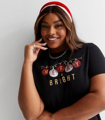 Curves Black Merry and Bright Christmas Baubles Logo T Shirt New