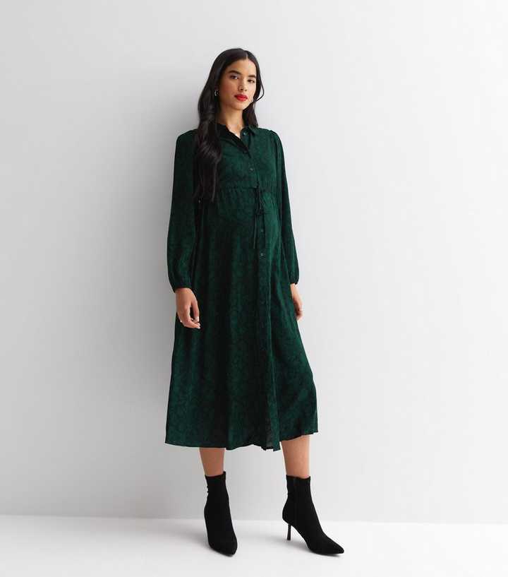 Maternity Green Snake Print Long Sleeve Midi Nursing Shirt Dress