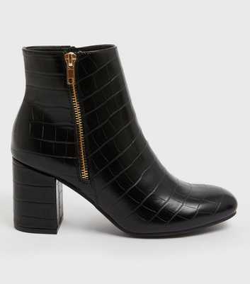 Black Faux Croc Block Heel Zip Ankle Boots