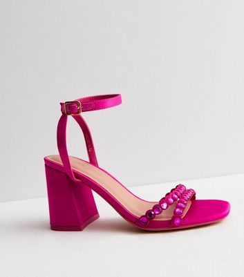 Bright Pink Satin Embellished 2 Part Block Heel Sandals New Look