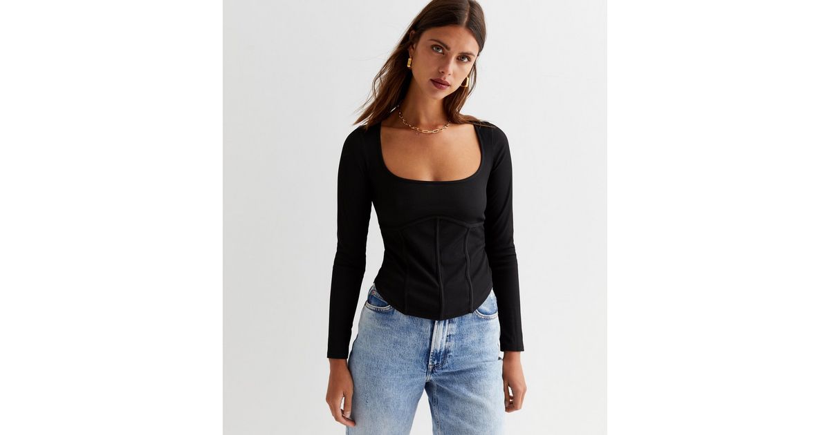 Black Ribbed Long Sleeve Corset Top | New Look