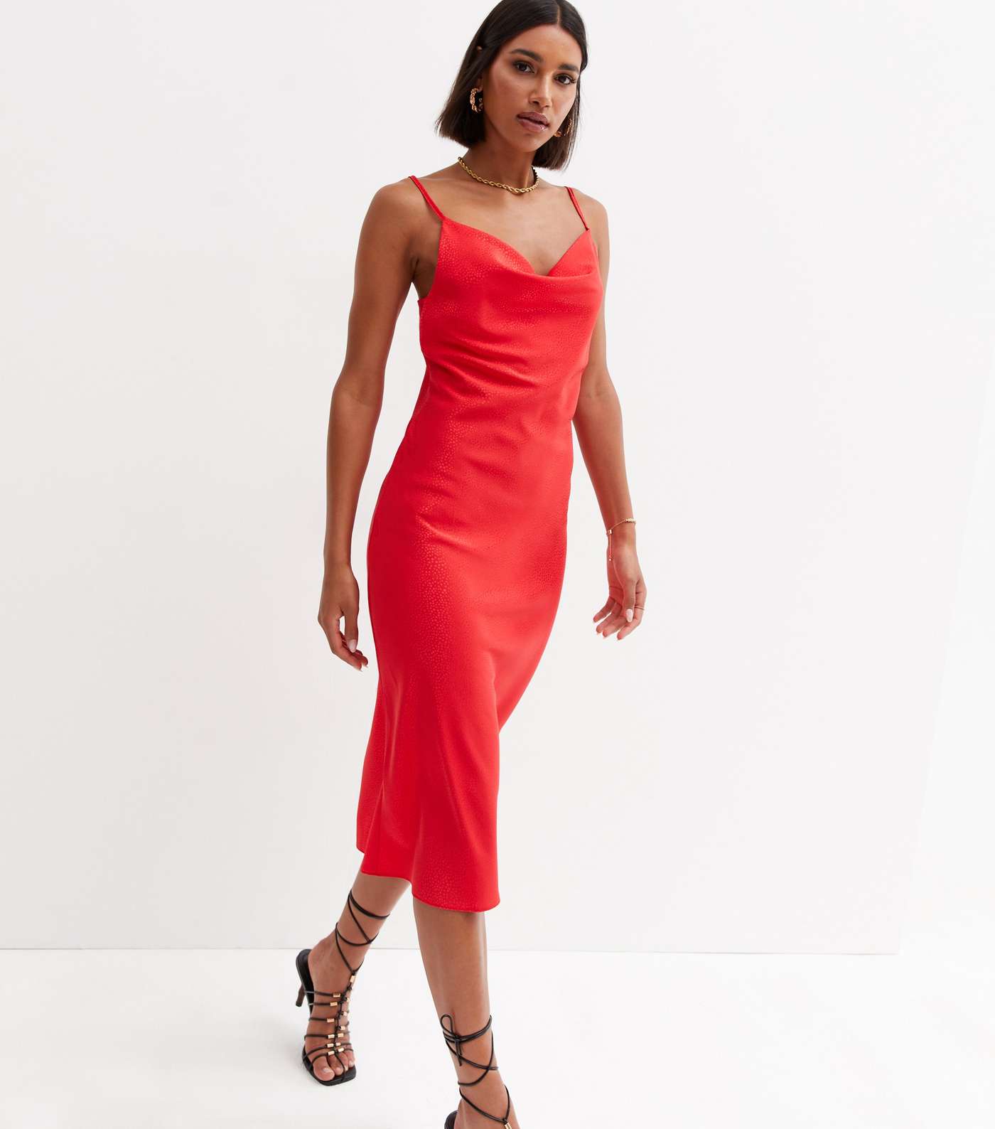 Red Jacquard Satin Cowl Neck Midi Slip Dress