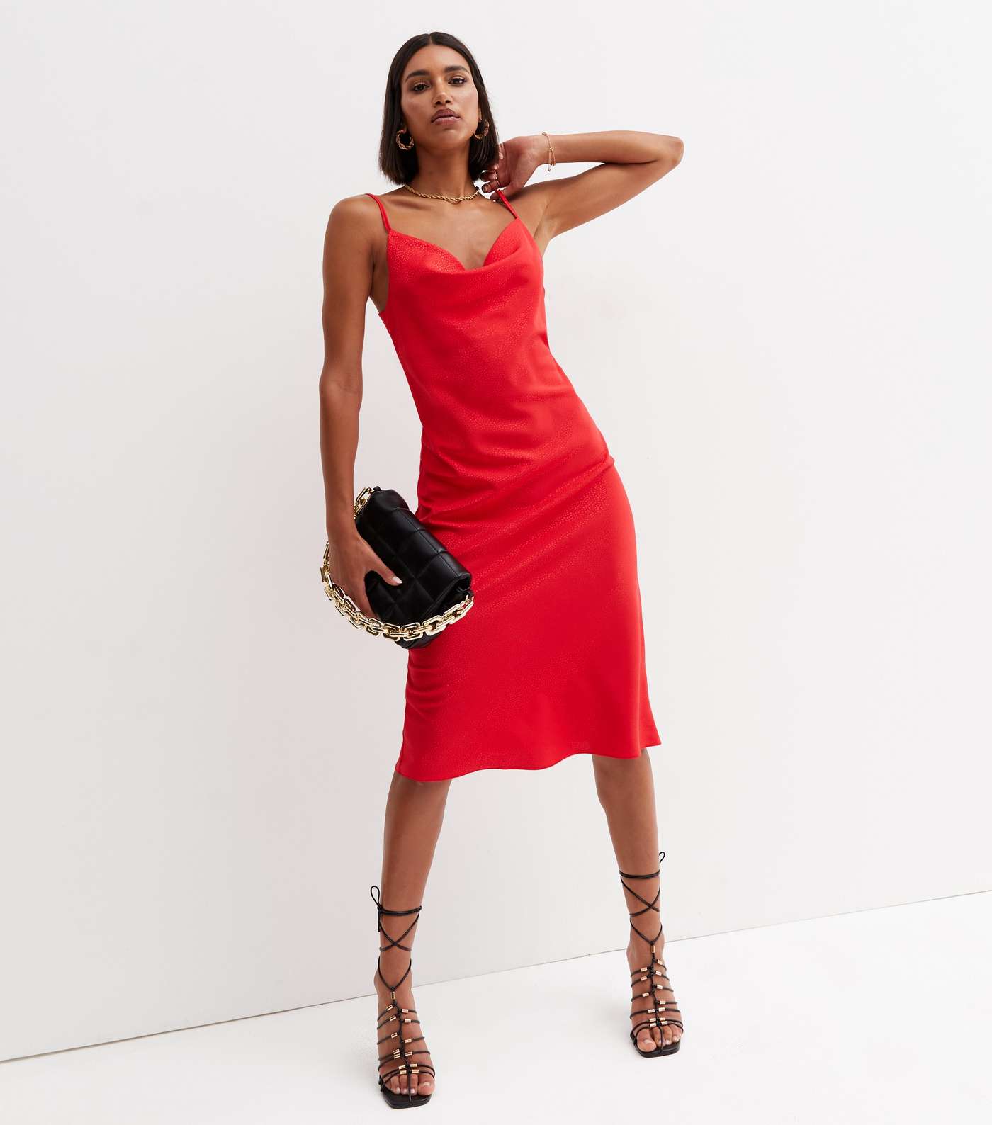 Red Jacquard Satin Cowl Neck Midi Slip Dress Image 3