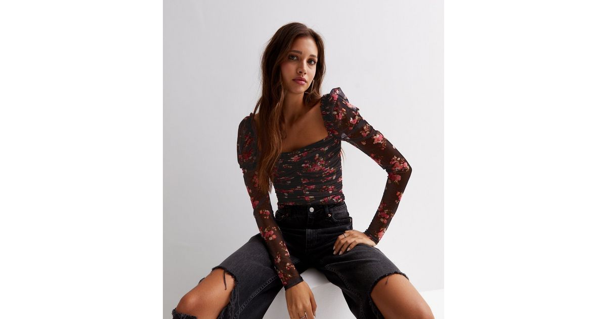 Black Floral Ruched Long Sleeve Top New Look