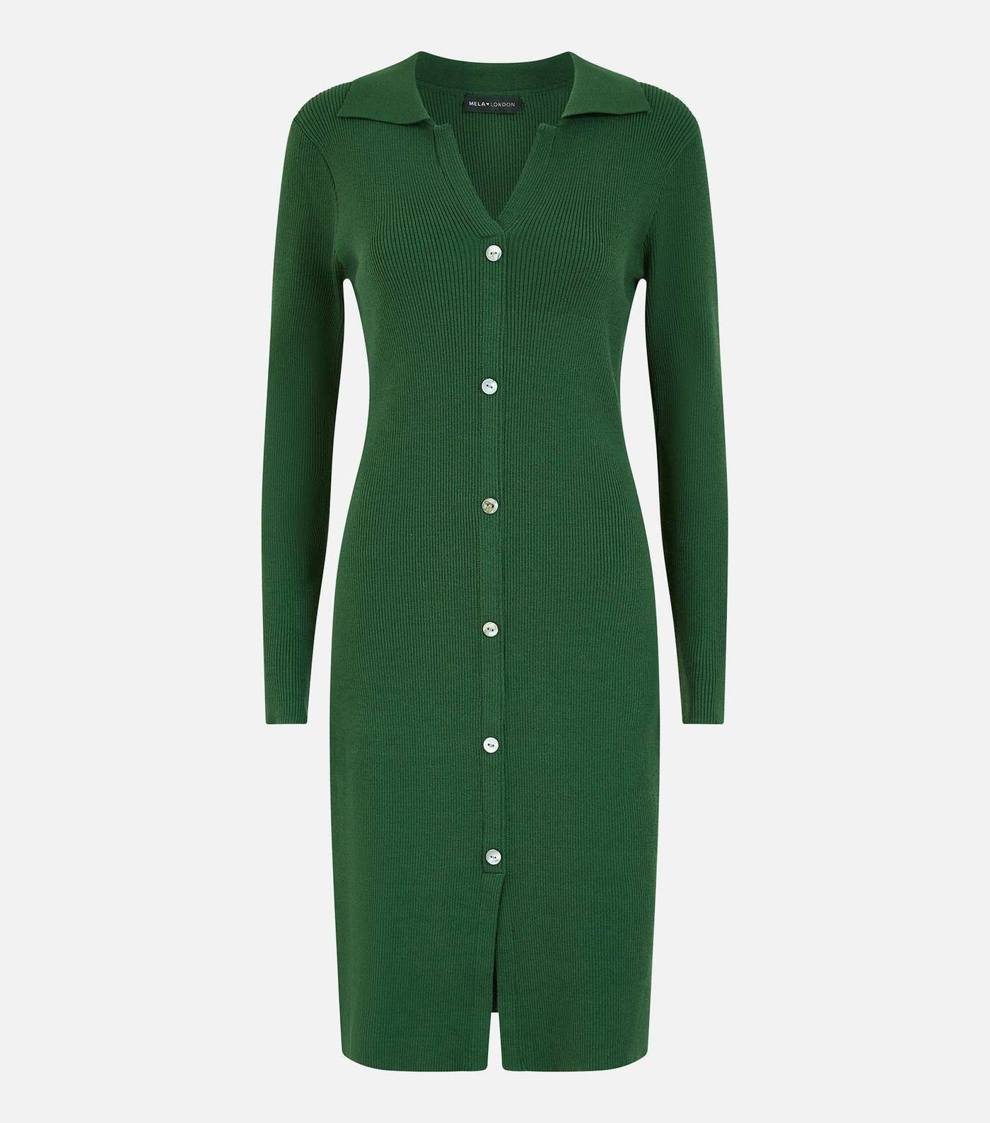 Mela Green Ribbed Knit Button Front Midi Polo Dress Image 6