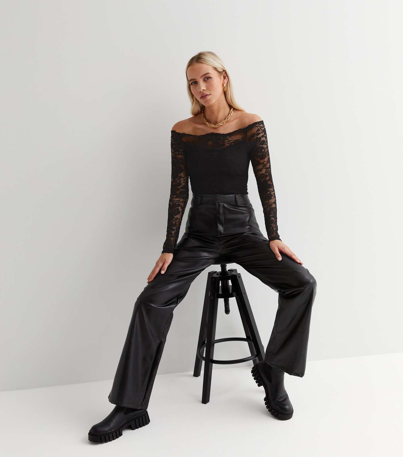 Black Lace Long Sleeve Bardot Bodysuit Image 2