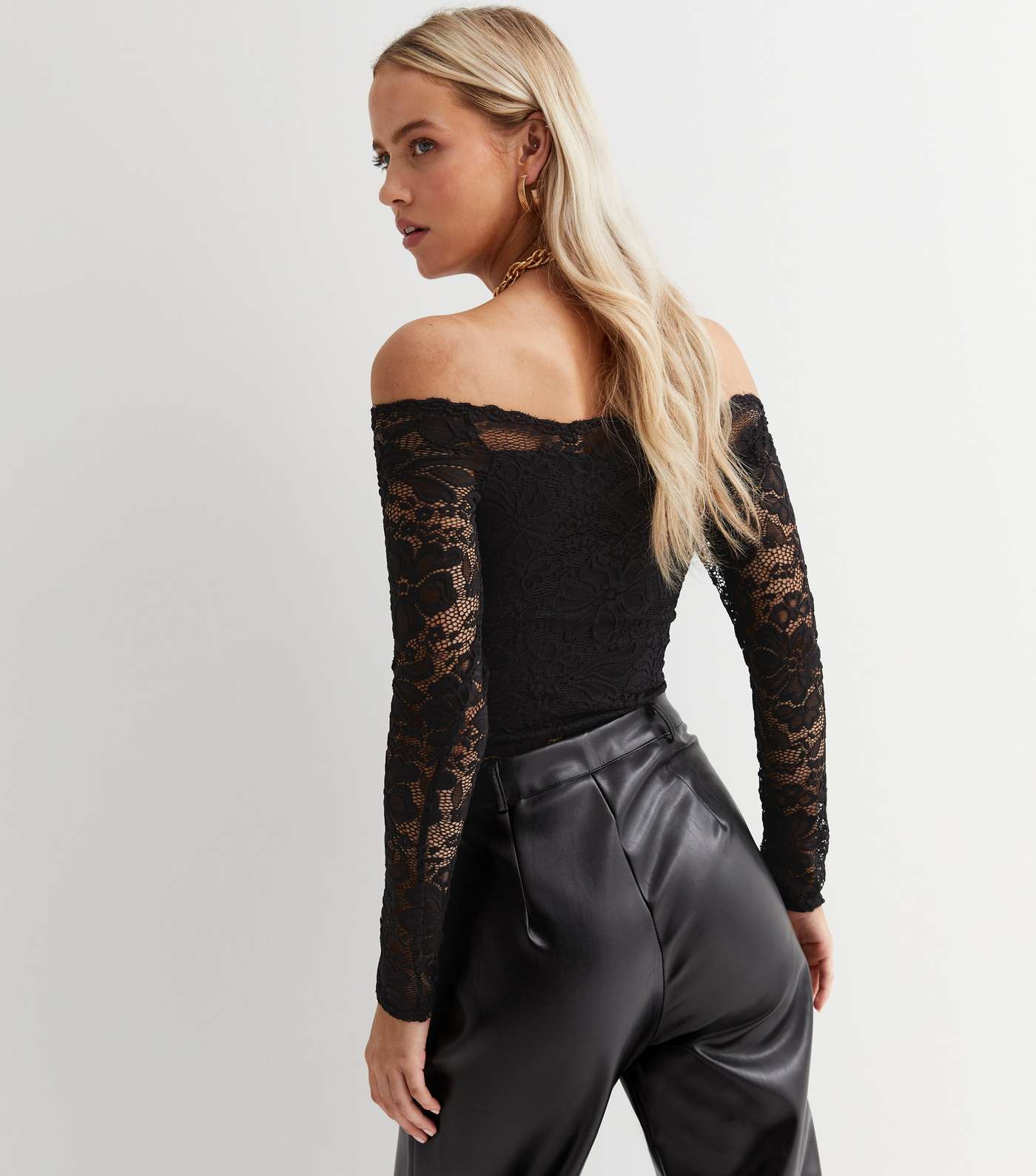 Black Lace Long Sleeve Bardot Bodysuit Image 4