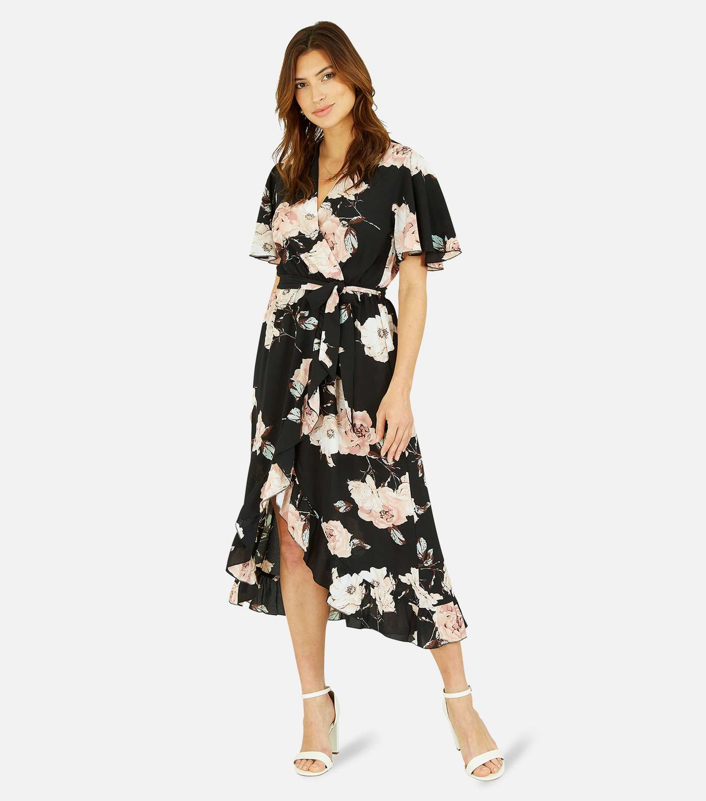 Mela Black Floral Short Flutter Sleeve Midi Wrap Dress Image 3