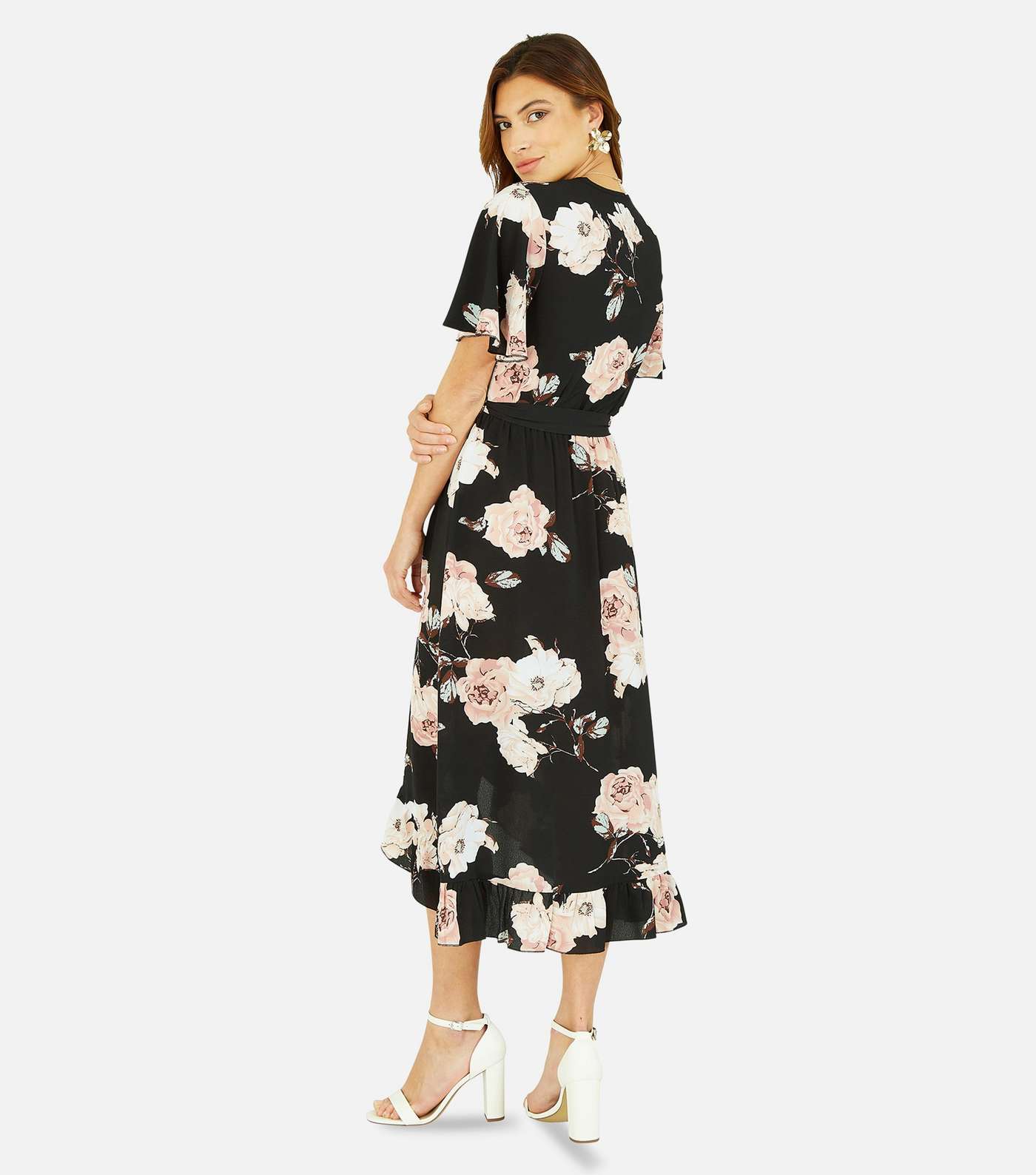 Mela Black Floral Short Flutter Sleeve Midi Wrap Dress Image 5