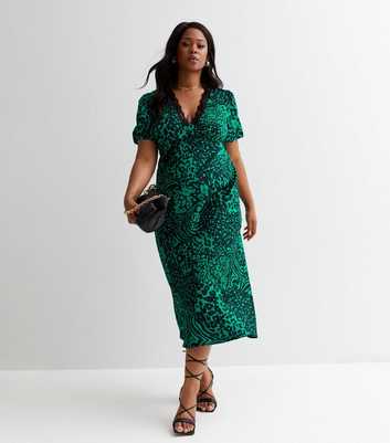 Curves Green Animal Print Lace Trim Midi Dress