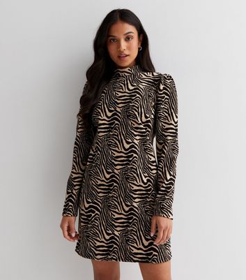 Petite Brown Zebra Print Jacquard Long Sleeve Mini Dress New Look