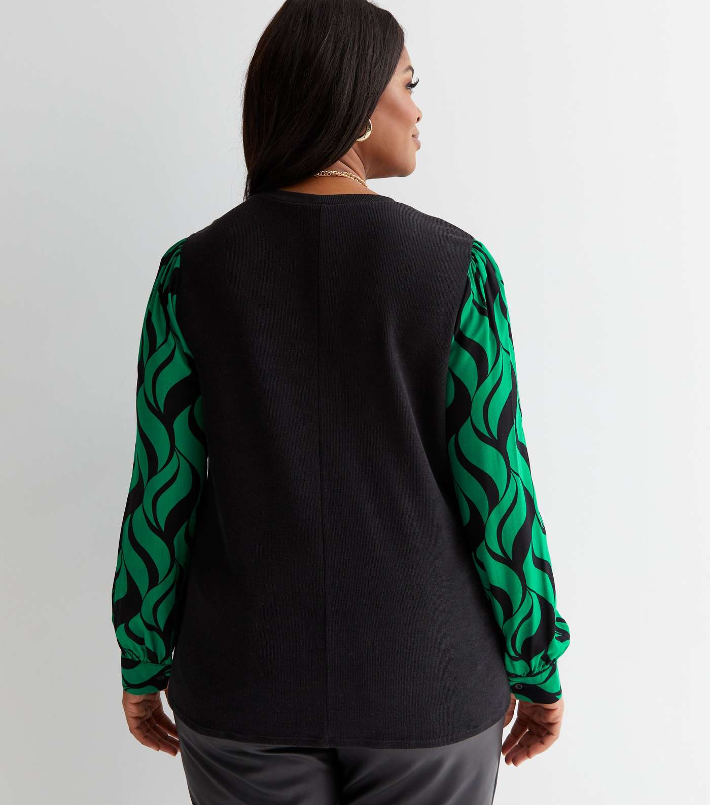 Curves Green Ribbed Geometric Sleeve Top Image 4