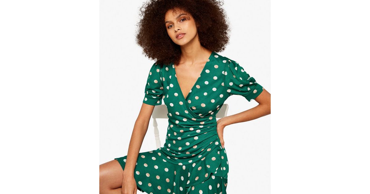 Apricot Green Spot Ruffle Mini Wrap Dress New Look