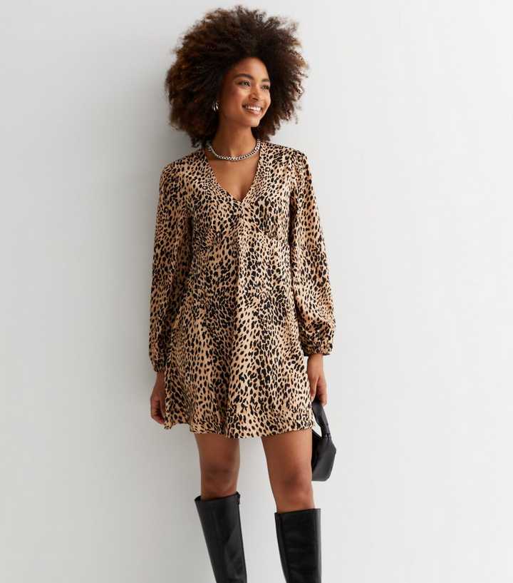 Brown Animal Print V Neck Long Sleeve A Line Mini Dress | New Look