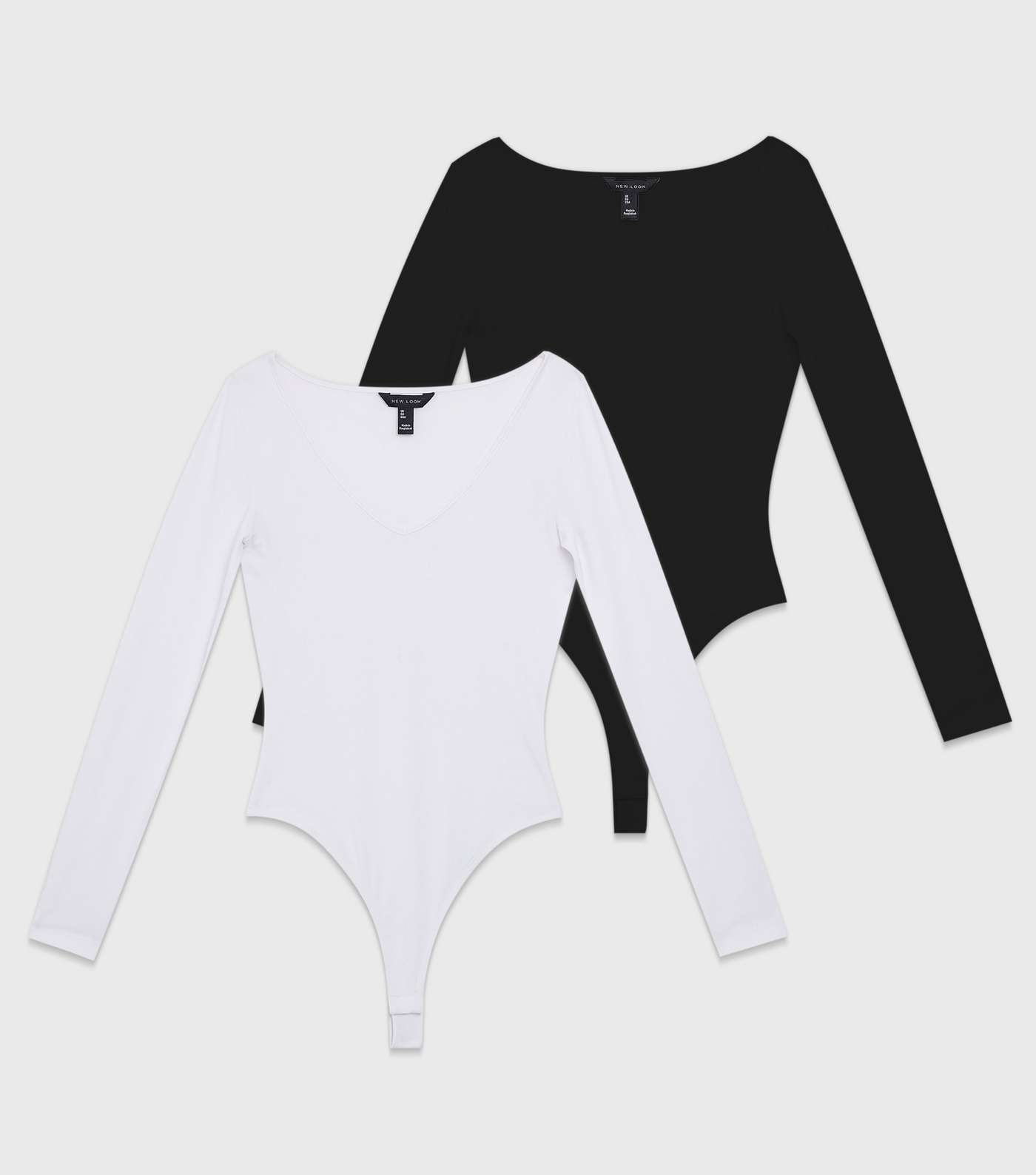 2 Pack Black and White V Neck Long Sleeve Thong Bodysuits Image 5