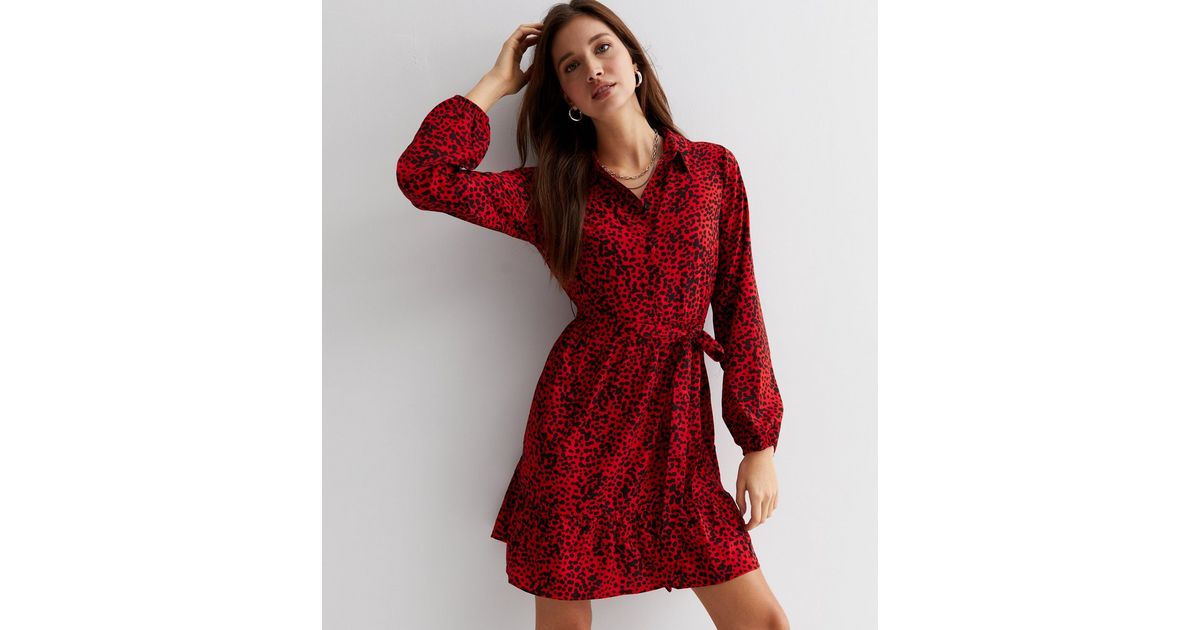 Red Spotty Tie Waist Mini Shirt Dress | New Look