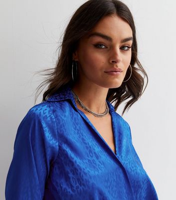 Bright Blue Leopard Print Jacquard Satin Long Sleeve Wrap Blouse New Look