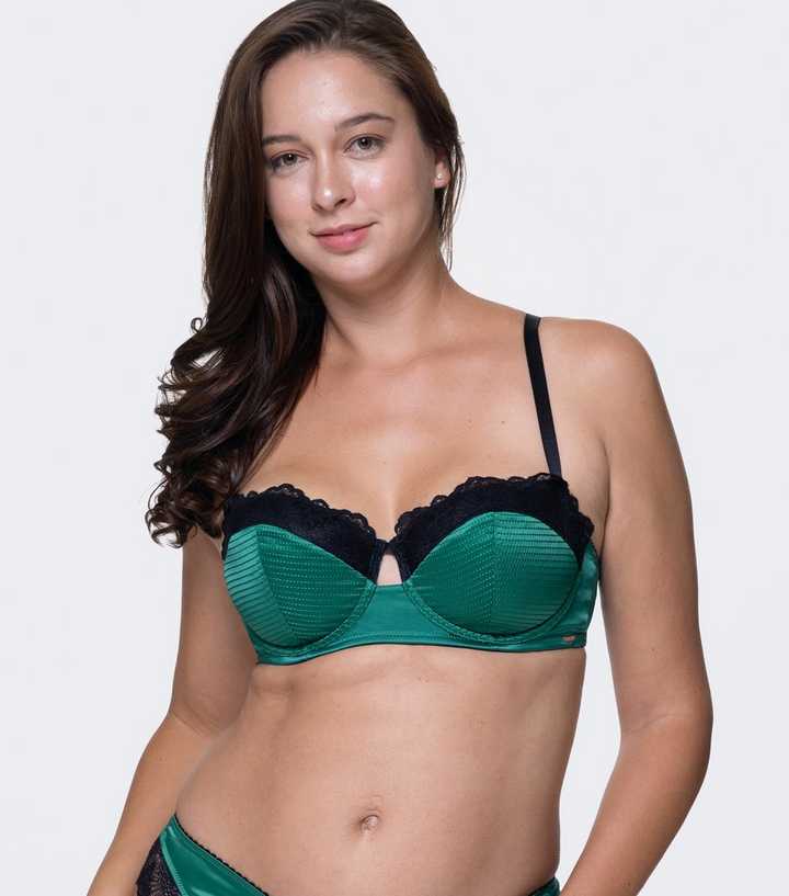 Dorina Dark Green Satin Lace Trim Balcony Bra