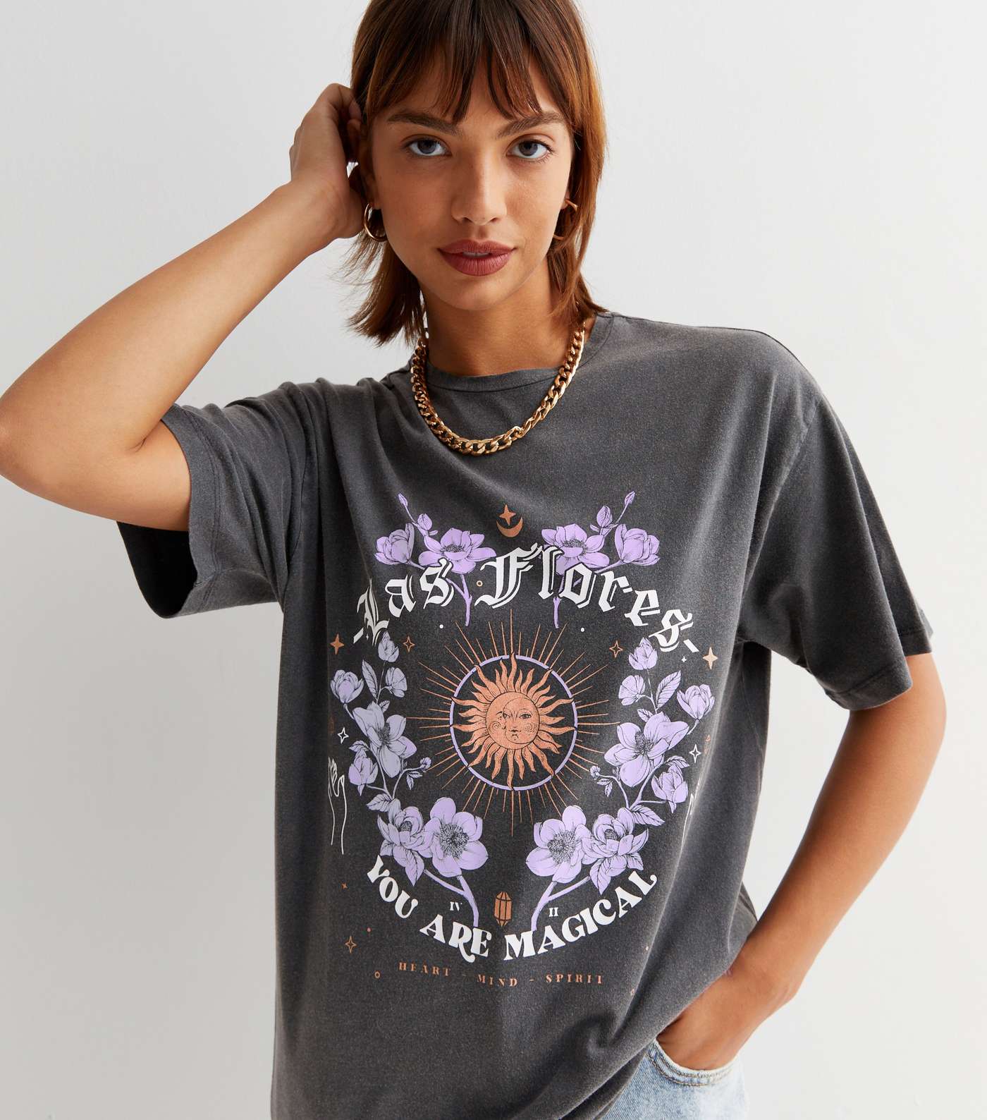 Dark Grey Acid Wash Las Flores Mystic Logo Oversized T-Shirt