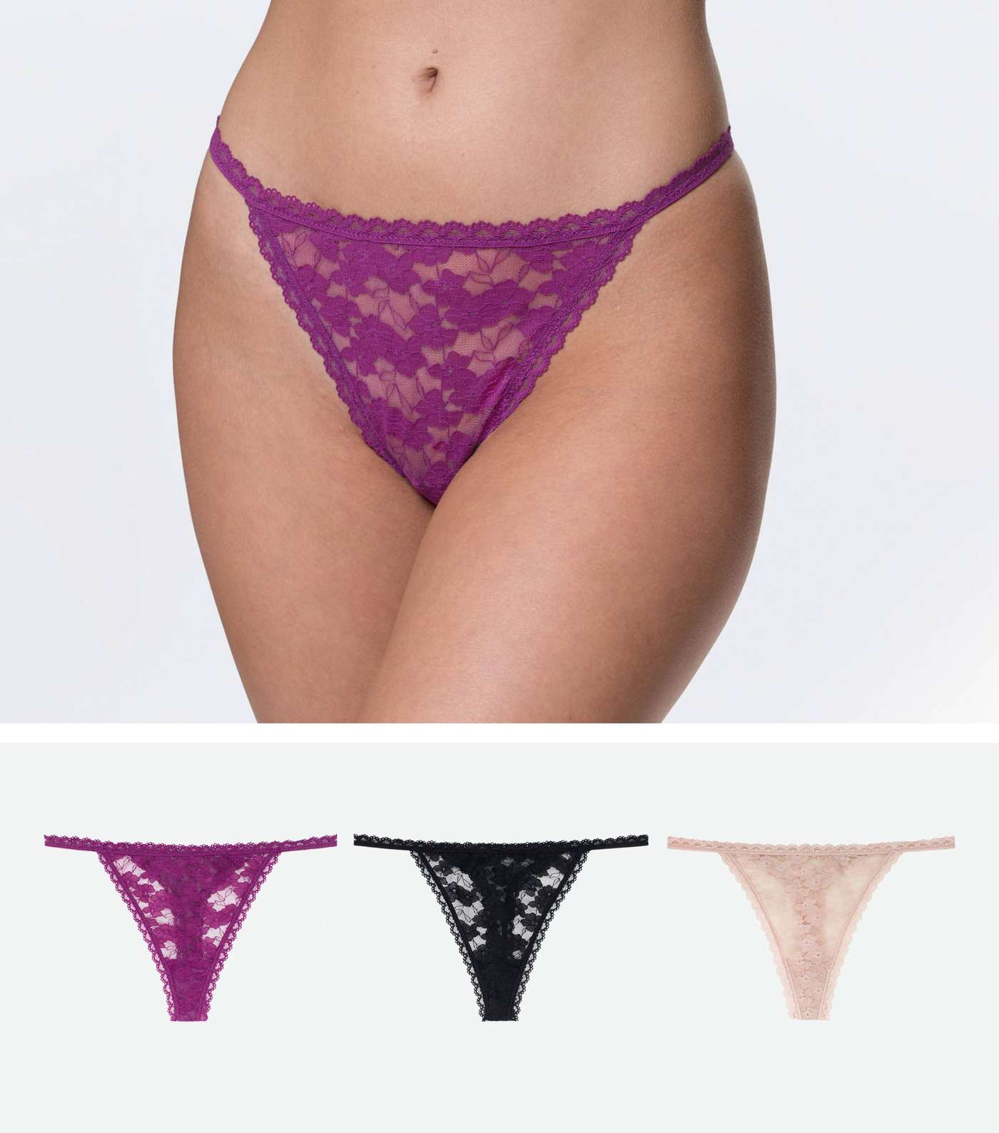 Dorina 3 Pack Purple Black and Pink Lace Thongs