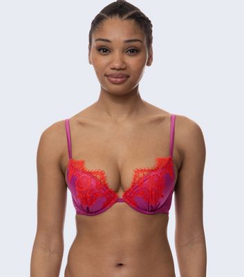 Dorina Fiesta satin push up plunge bra with contrast lace trim in purple