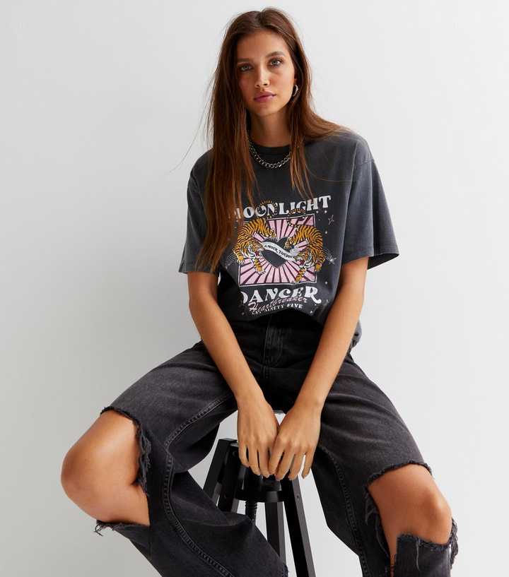 Dark Grey Acid Wash Moonlight Dancer Tiger Logo T-Shirt