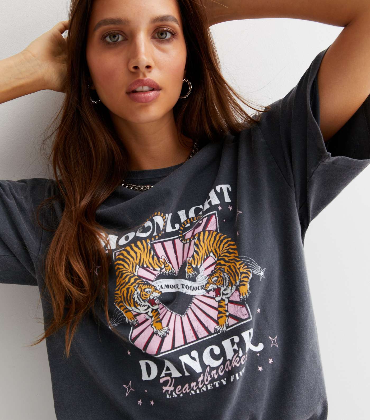 Dark Grey Acid Wash Moonlight Dancer Tiger Logo T-Shirt Image 2
